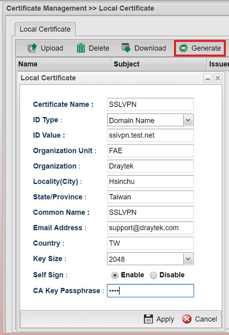 a screenshot of Vigor3900 generating Local Certificate
